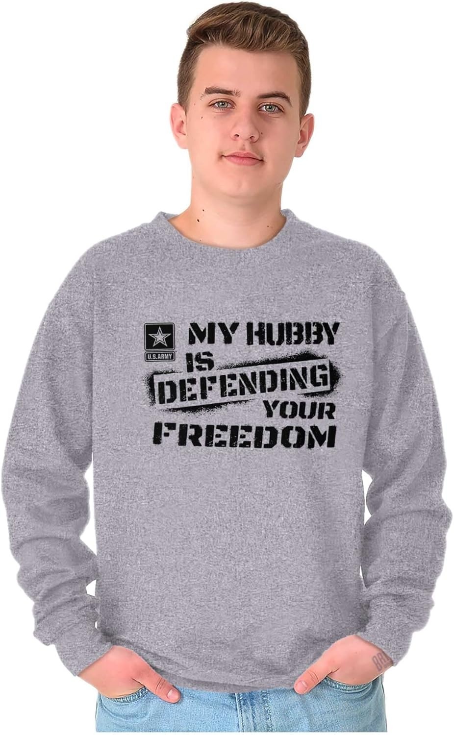 image:imageBrisco Brands US Army My Hubby Defending Freedom Sweatshirt for Men or WomenSport Grey