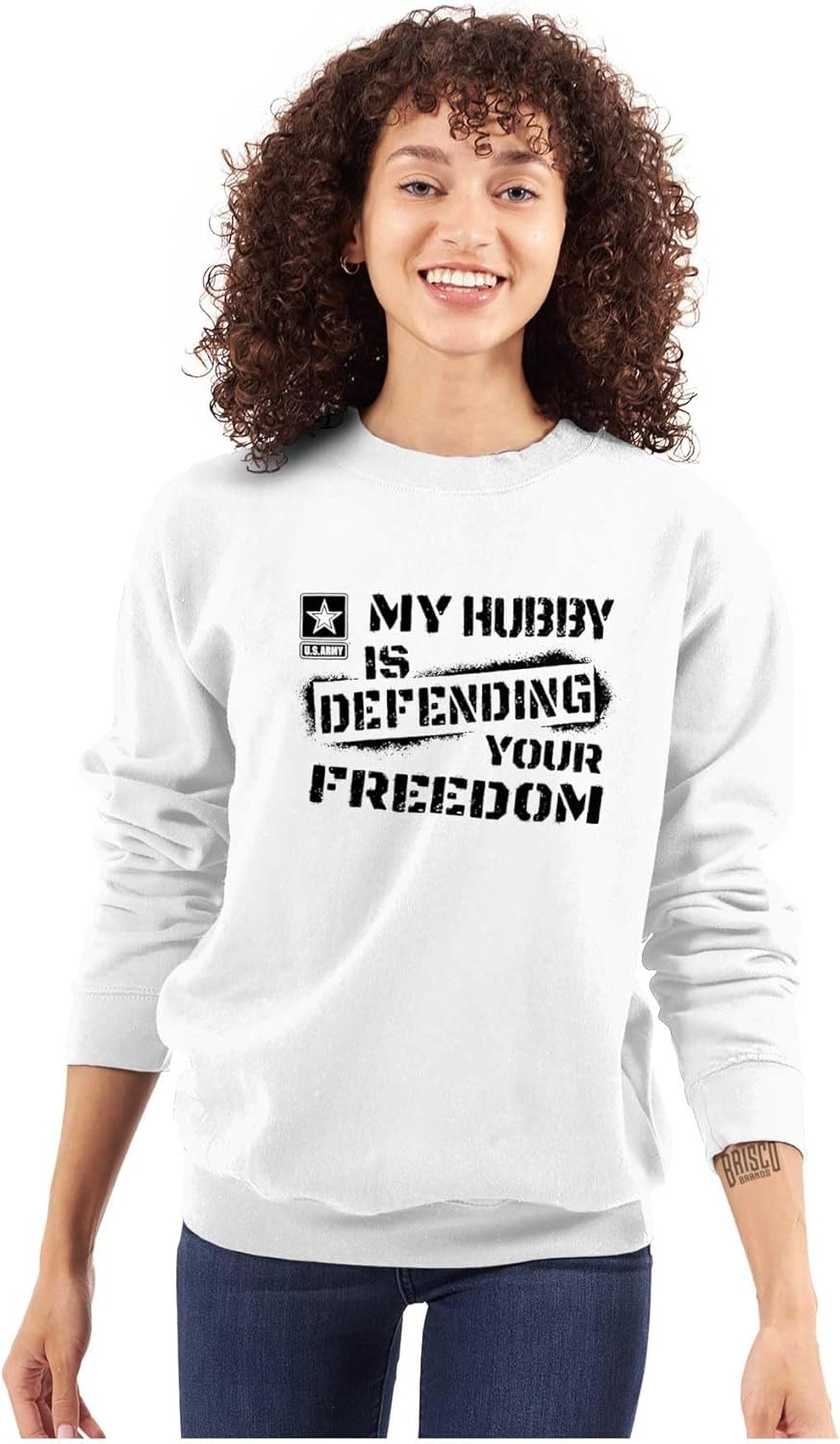 image:imageBrisco Brands US Army My Hubby Defending Freedom Sweatshirt for Men or WomenWhite
