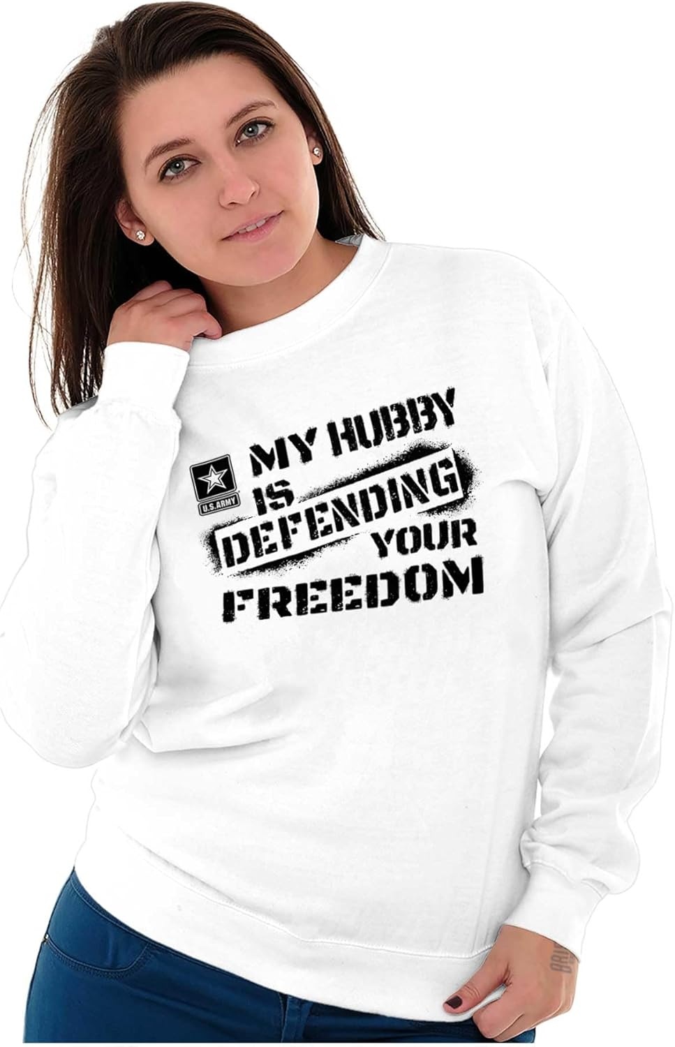 image:imageBrisco Brands US Army My Hubby Defending Freedom Sweatshirt for Men or WomenWhite
