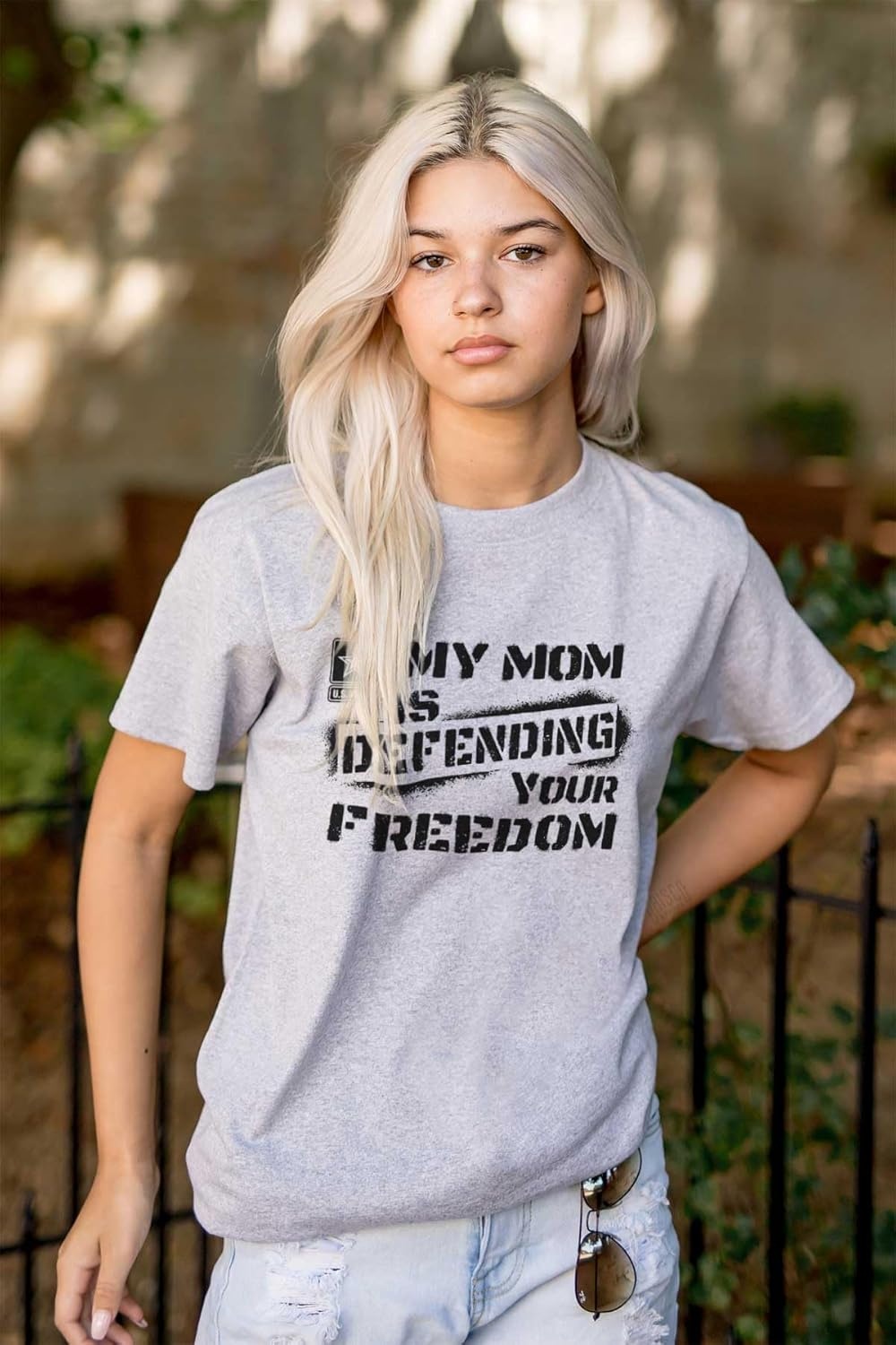 image:imageBrisco Brands US Army My Mom Defending Freedom Graphic T Shirt Men or WomenSport Grey