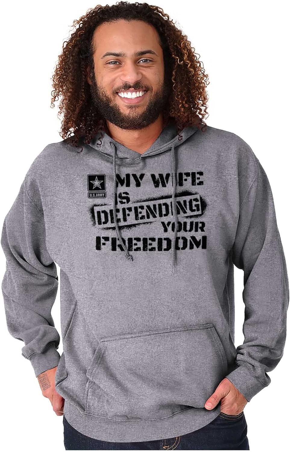image:imageBrisco Brands US Army My Wife Defending Freedom Hoodie Sweatshirt Women MenSport Grey