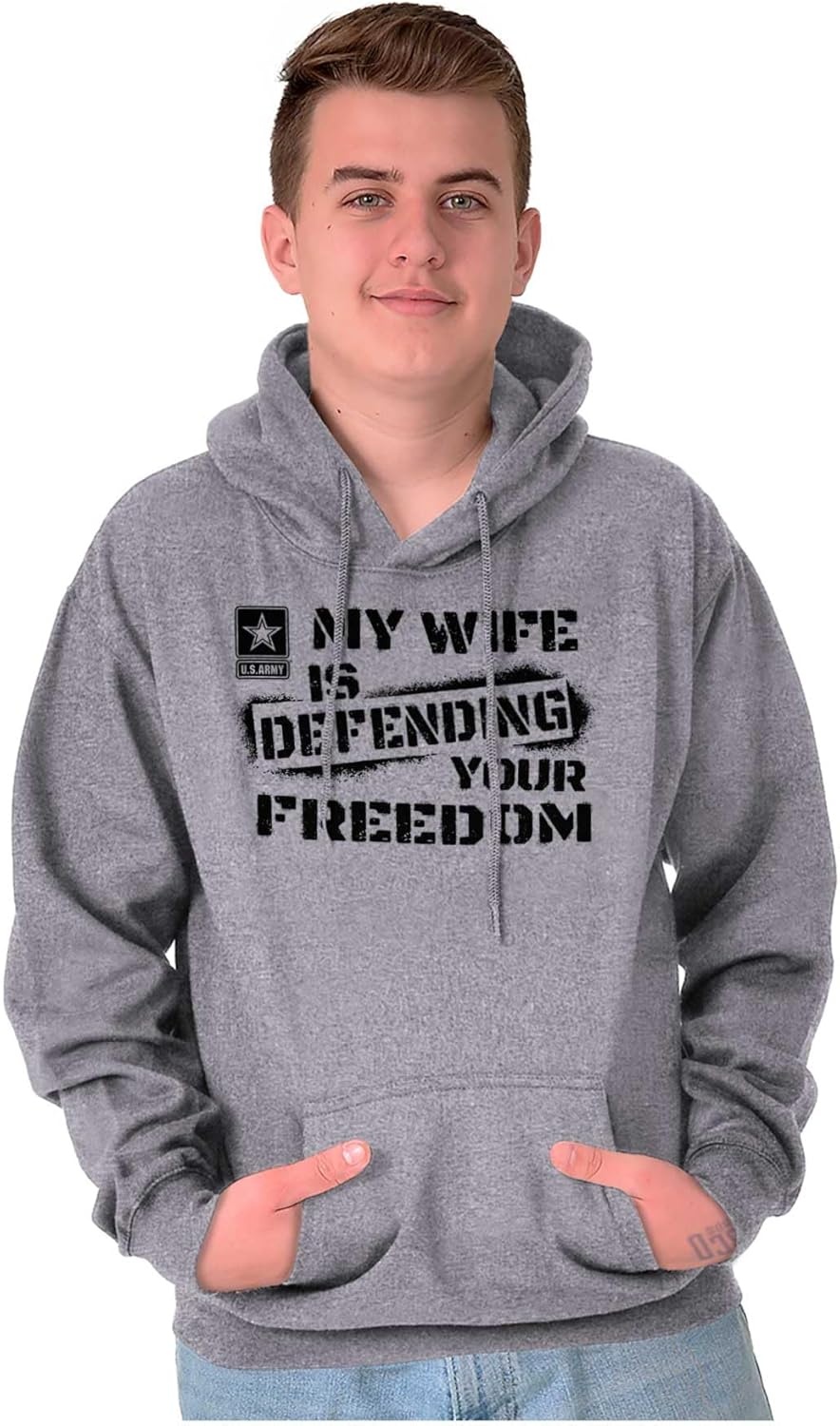 image:imageBrisco Brands US Army My Wife Defending Freedom Hoodie Sweatshirt Women MenSport Grey