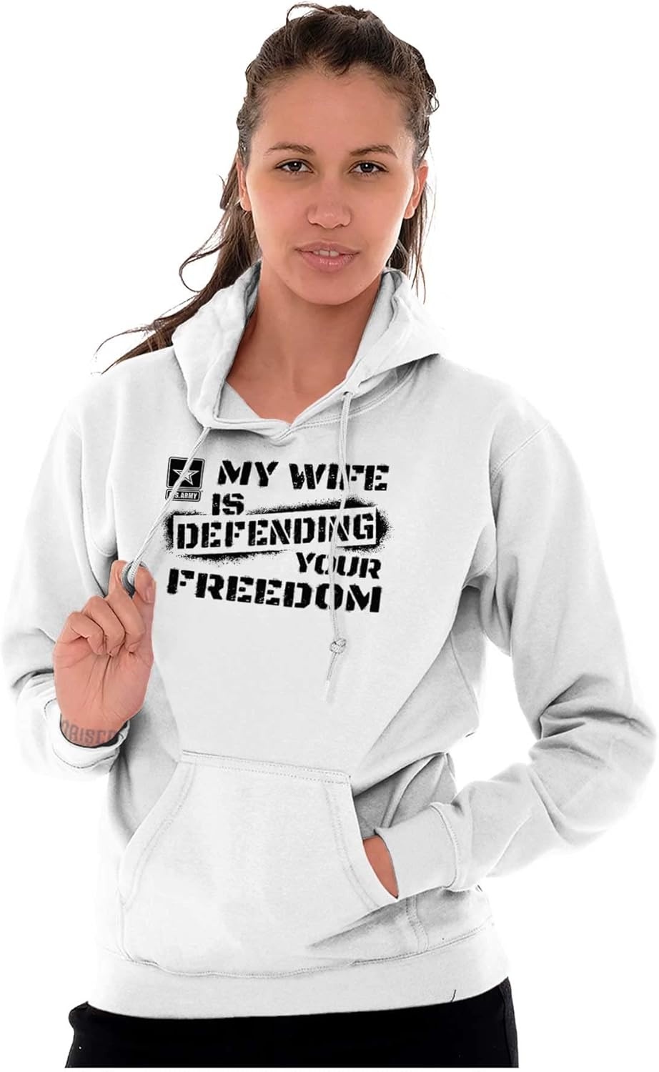 image:imageBrisco Brands US Army My Wife Defending Freedom Hoodie Sweatshirt Women MenWhite