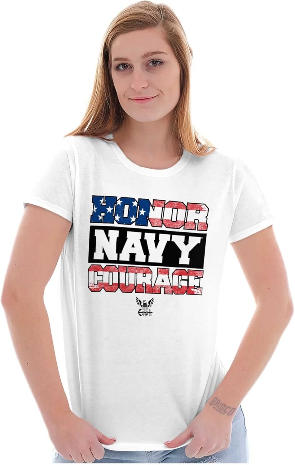 image:imageBrisco Brands US Navy Honor Courage American Flag Womens Slim Fit Graphic Tee