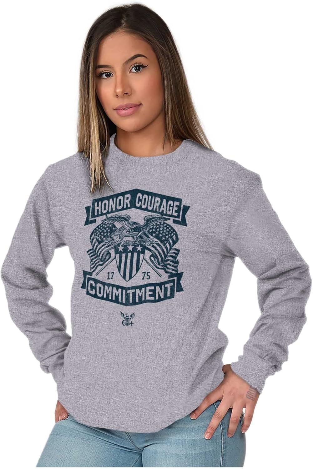 image:imageBrisco Brands US Navy Logo Honor Courage Commitment Long Sleeve Tshirt Men WomenSport Grey