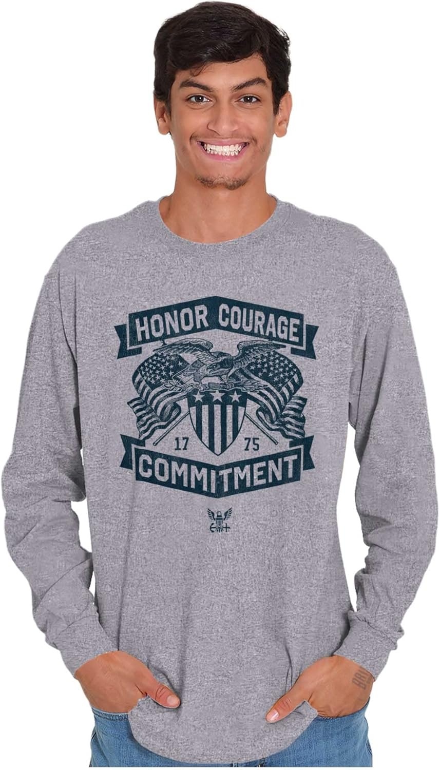 image:imageBrisco Brands US Navy Logo Honor Courage Commitment Long Sleeve Tshirt Men WomenSport Grey