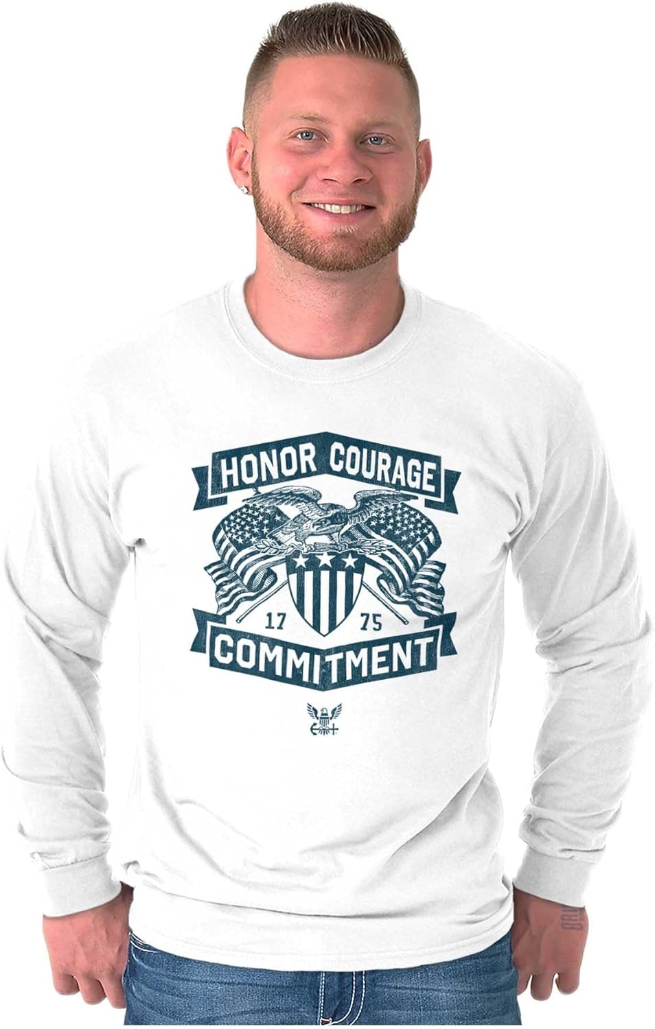 image:imageBrisco Brands US Navy Logo Honor Courage Commitment Long Sleeve Tshirt Men WomenWhite