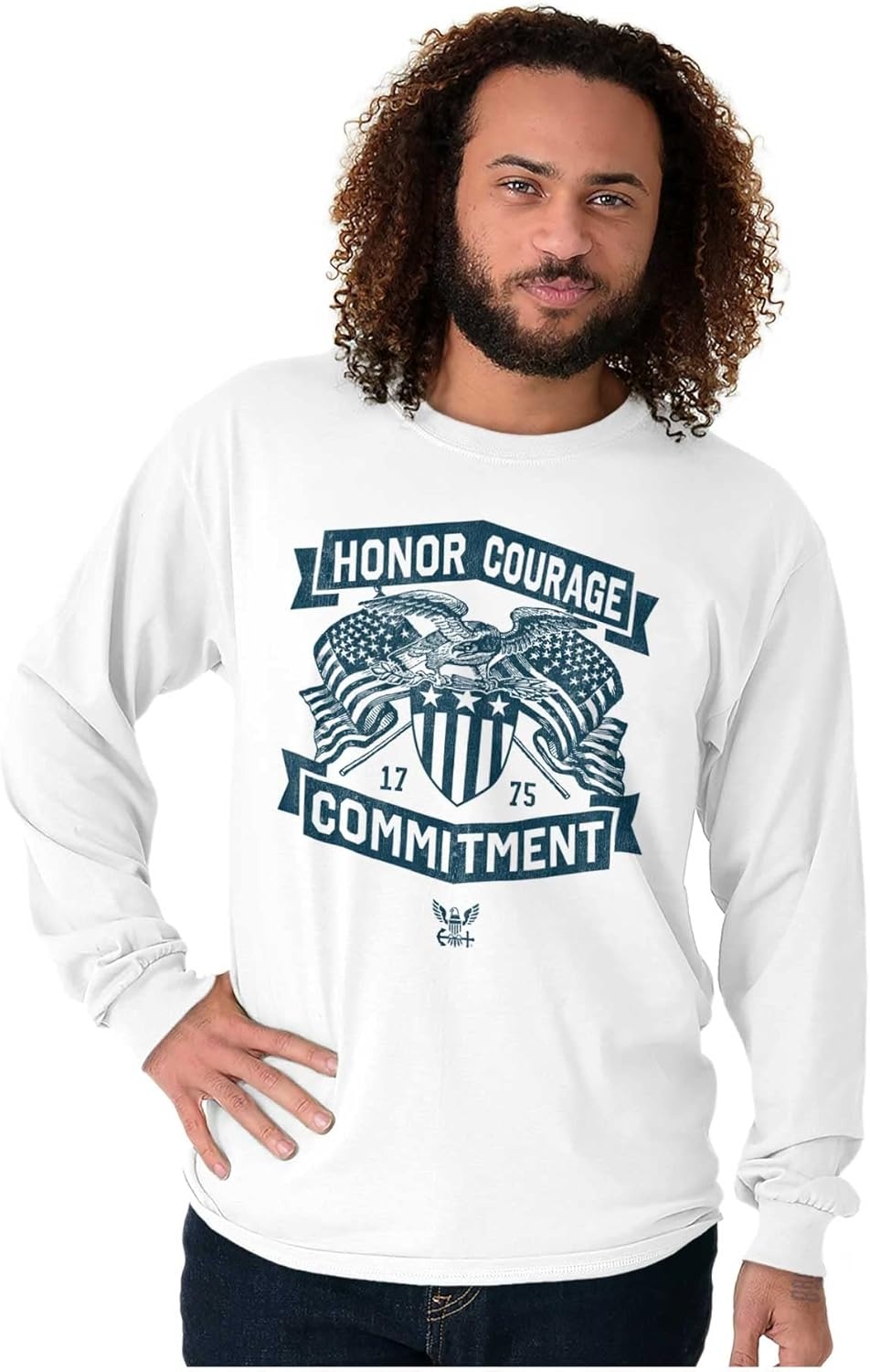 image:imageBrisco Brands US Navy Logo Honor Courage Commitment Long Sleeve Tshirt Men WomenWhite
