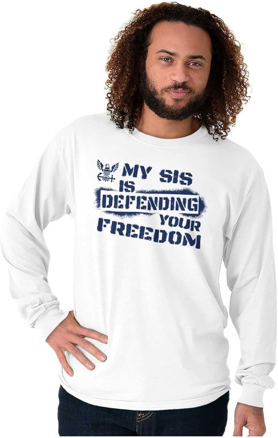 image:imageBrisco Brands US Navy Logo Sister Defending Freedom Long Sleeve Tshirt Men WomenWhite