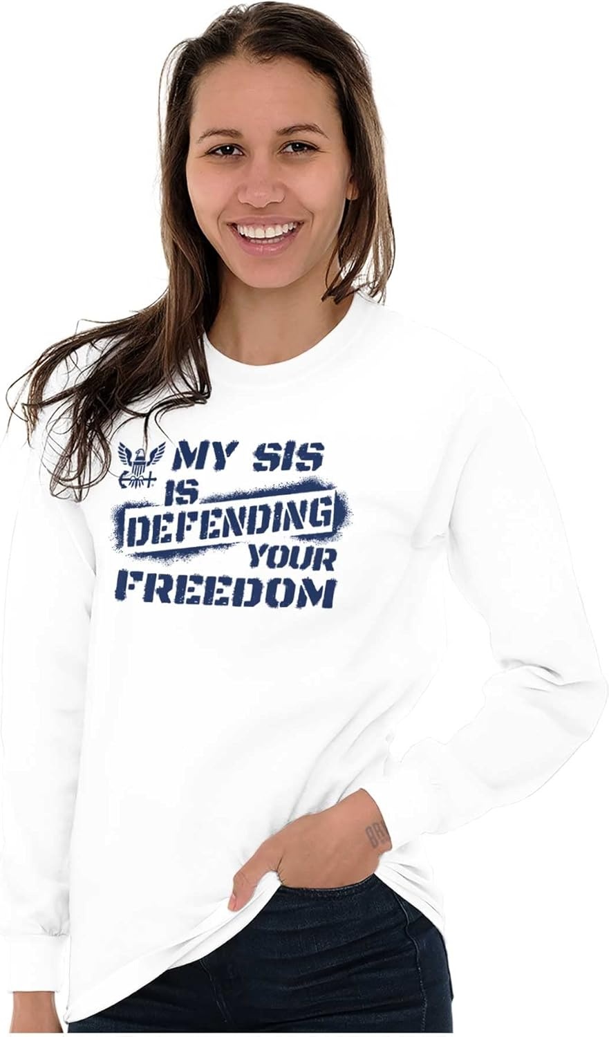 image:imageBrisco Brands US Navy Logo Sister Defending Freedom Long Sleeve Tshirt Men WomenWhite