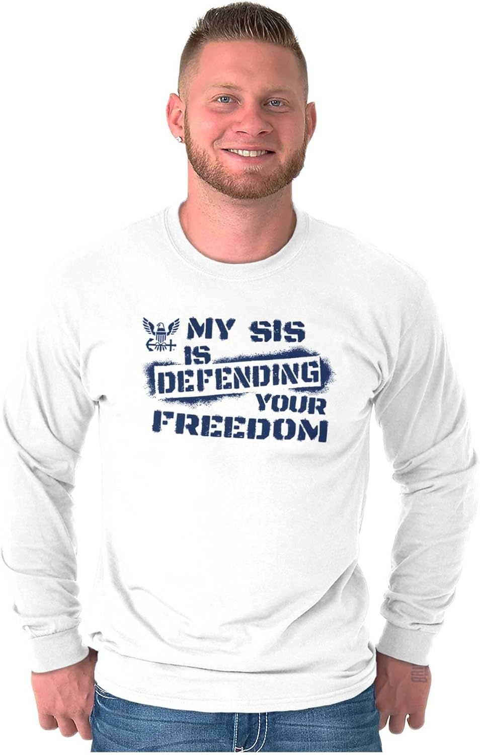 image:imageBrisco Brands US Navy Logo Sister Defending Freedom Long Sleeve Tshirt Men WomenWhite