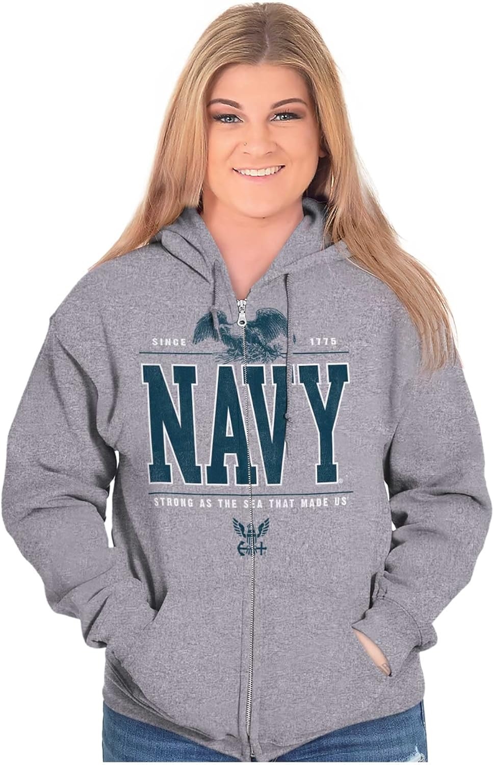image:imageBrisco Brands USA Navy Strong As Sea That Made Us Zip Up Hoodie Mens WomensSport Grey