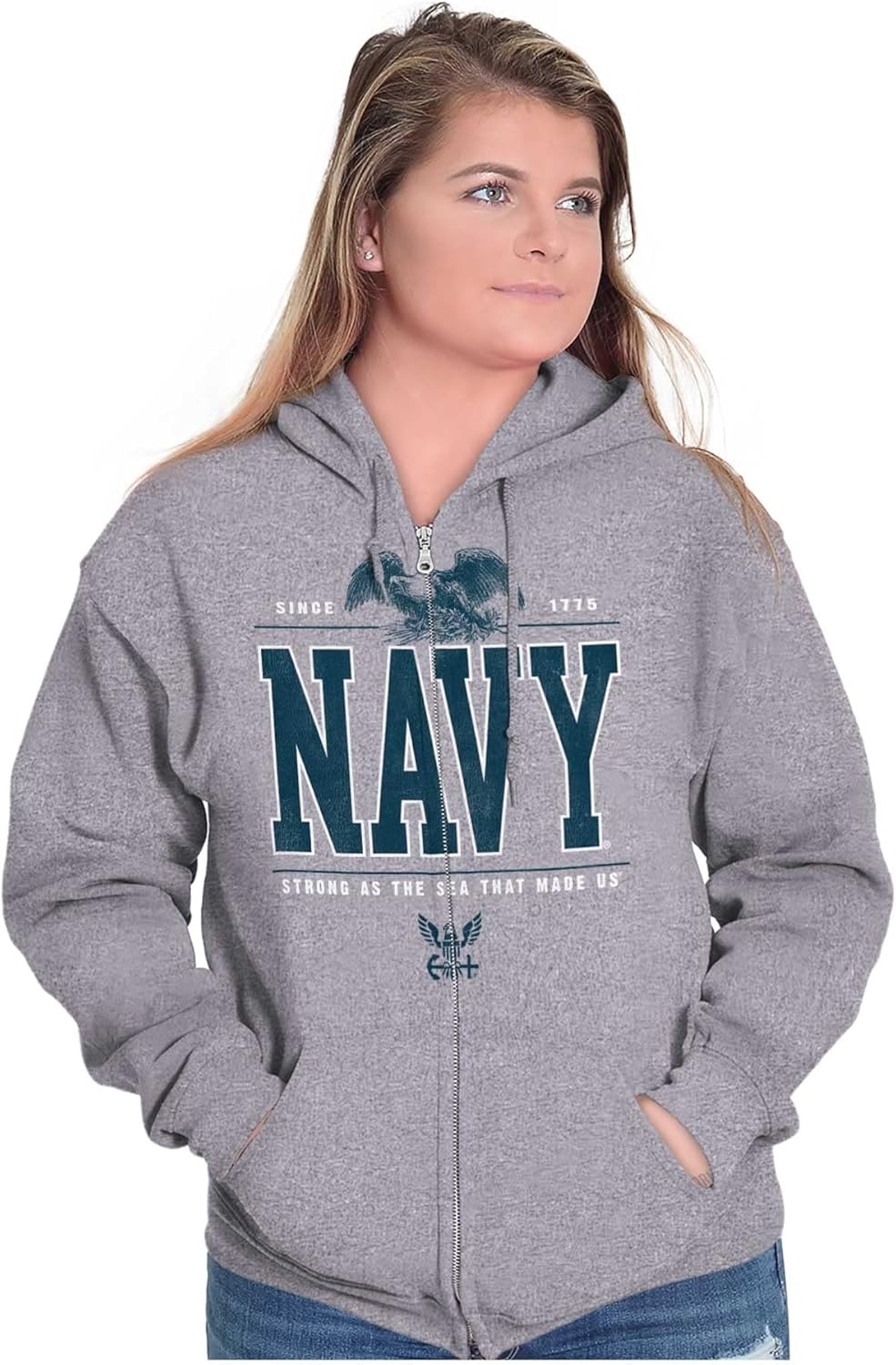 image:imageBrisco Brands USA Navy Strong As Sea That Made Us Zip Up Hoodie Mens WomensSport Grey