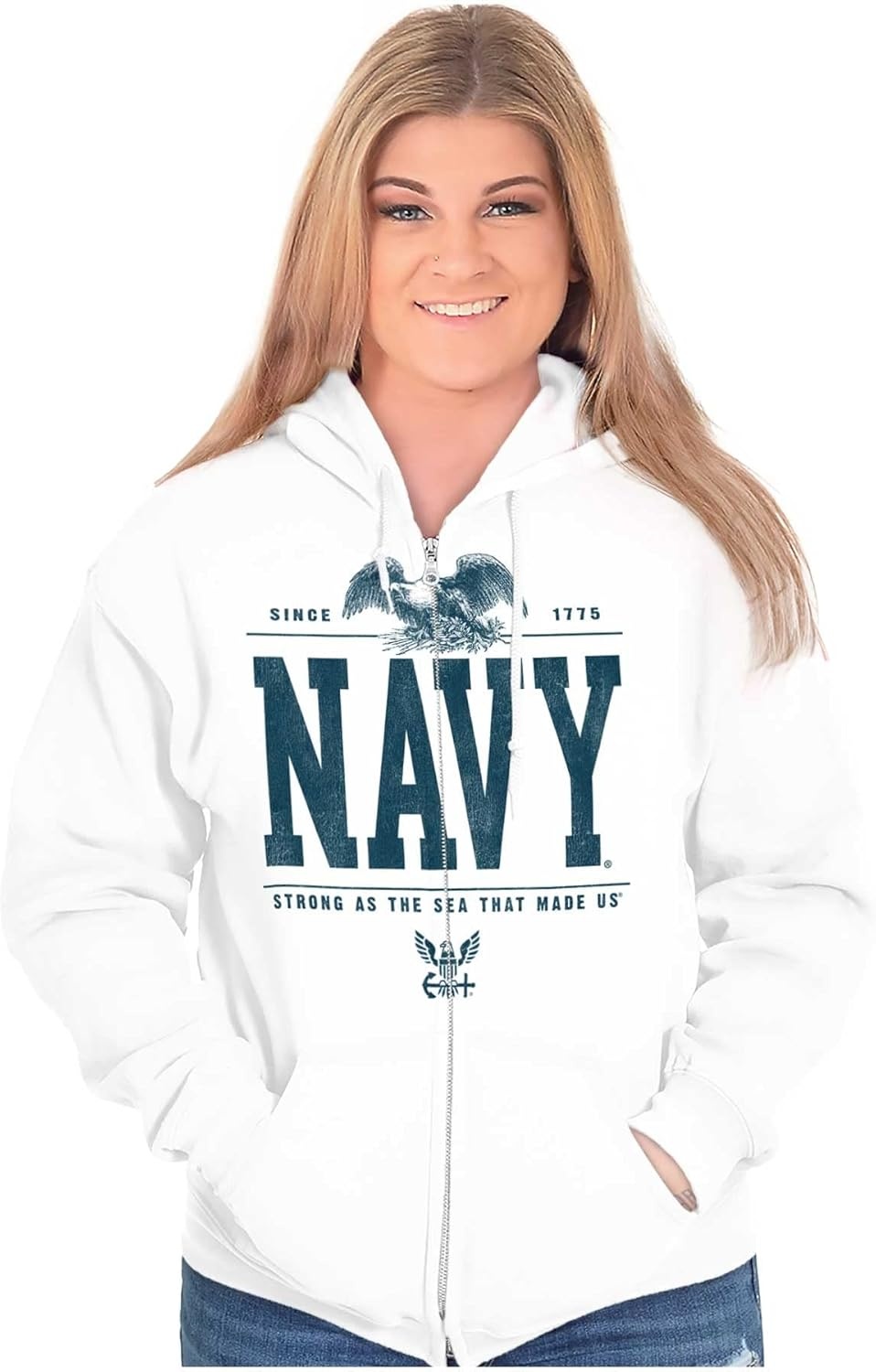 image:imageBrisco Brands USA Navy Strong As Sea That Made Us Zip Up Hoodie Mens WomensWhite