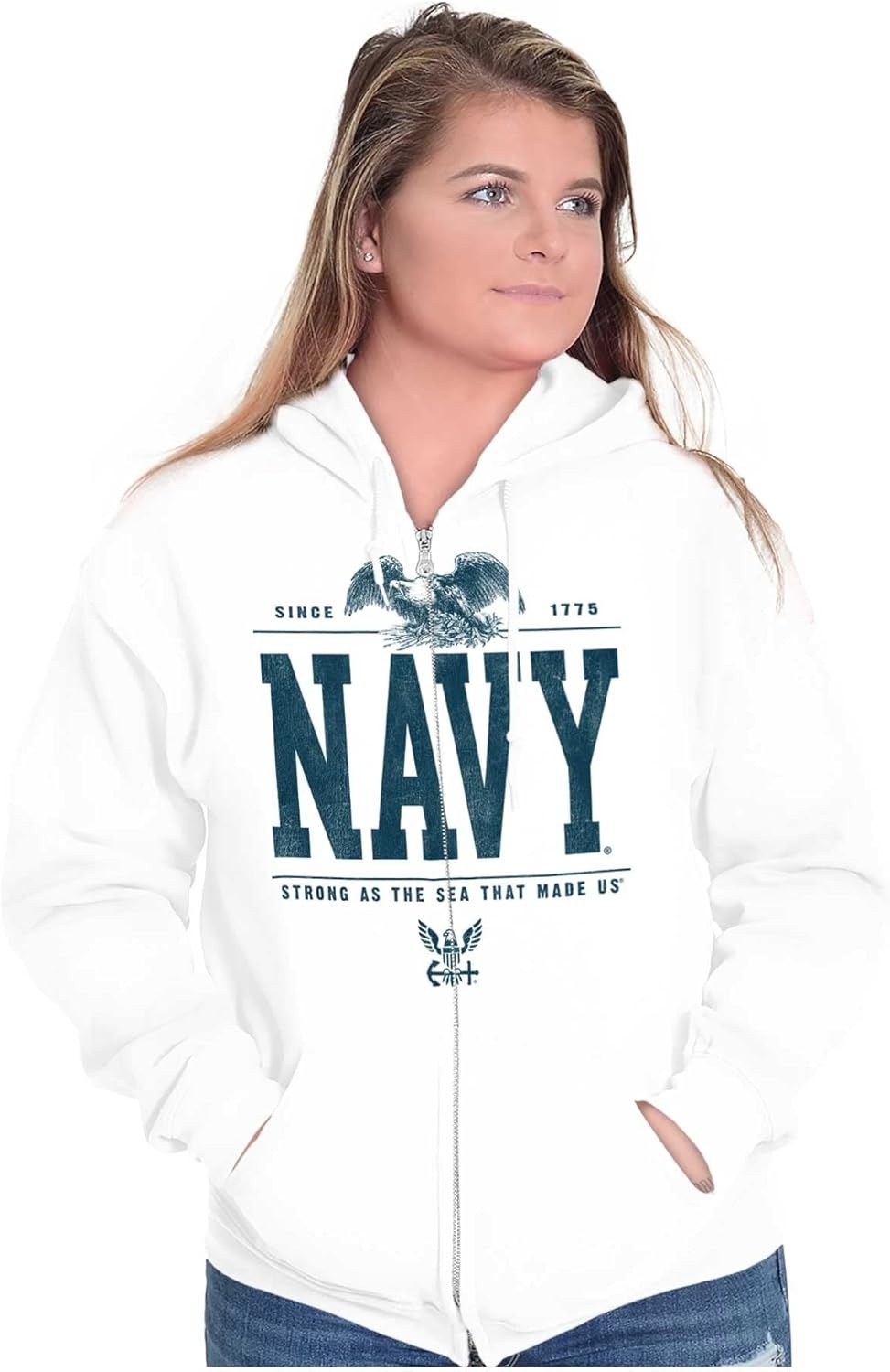image:imageBrisco Brands USA Navy Strong As Sea That Made Us Zip Up Hoodie Mens WomensWhite