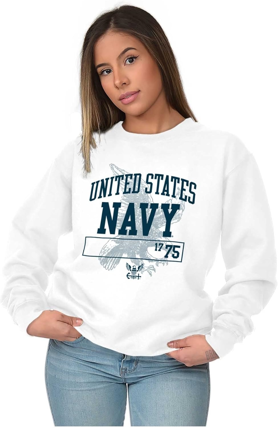 image:imageBrisco Brands United States Navy 1775 Eagle Anchor Sweatshirt for Men or WomenWhite
