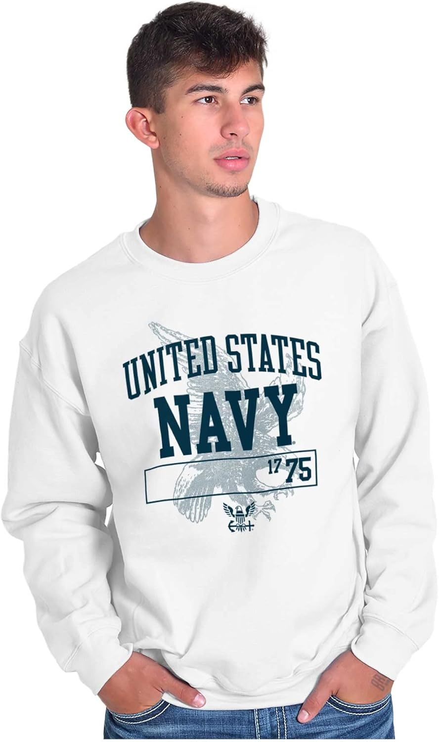 image:imageBrisco Brands United States Navy 1775 Eagle Anchor Sweatshirt for Men or WomenWhite