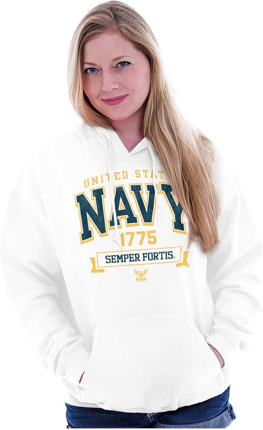 image:imageBrisco Brands United States Navy Semper Fortis 1775 Hoodie Sweatshirt Women MenWhite