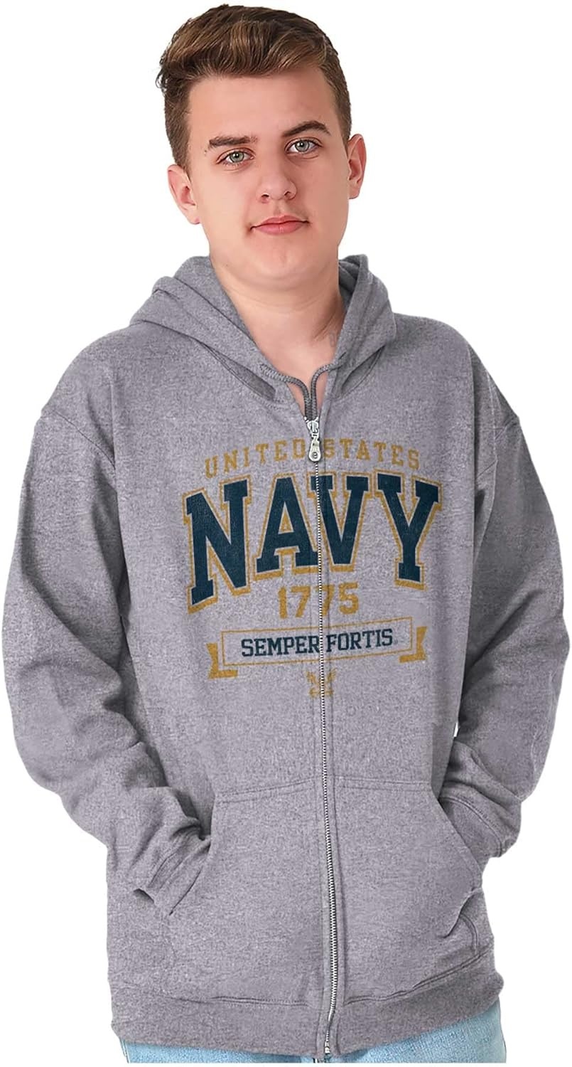 image:imageBrisco Brands United States Navy Semper Fortis 1775 Zip Up Hoodie Mens WomensSport Grey
