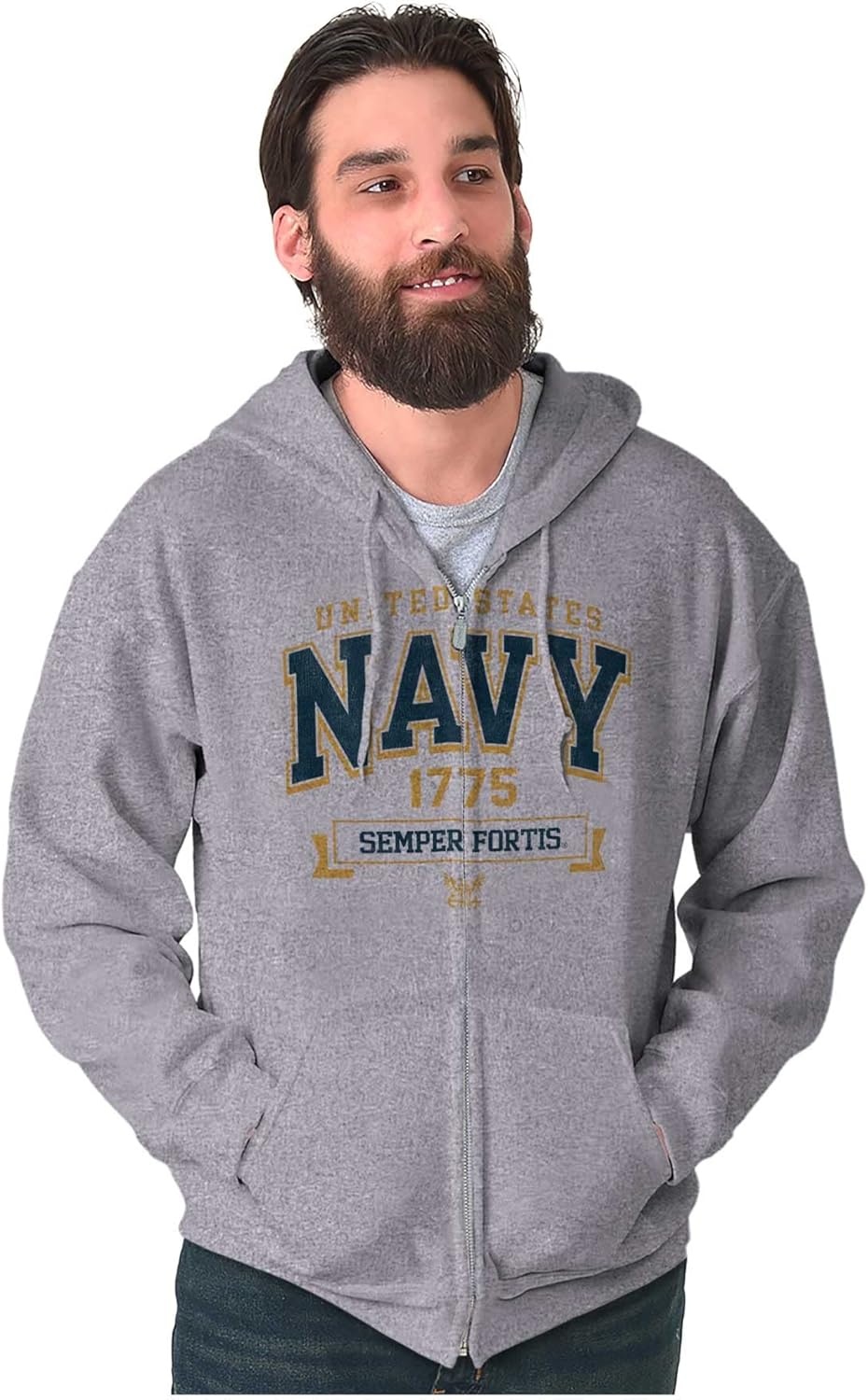 image:imageBrisco Brands United States Navy Semper Fortis 1775 Zip Up Hoodie Mens WomensSport Grey