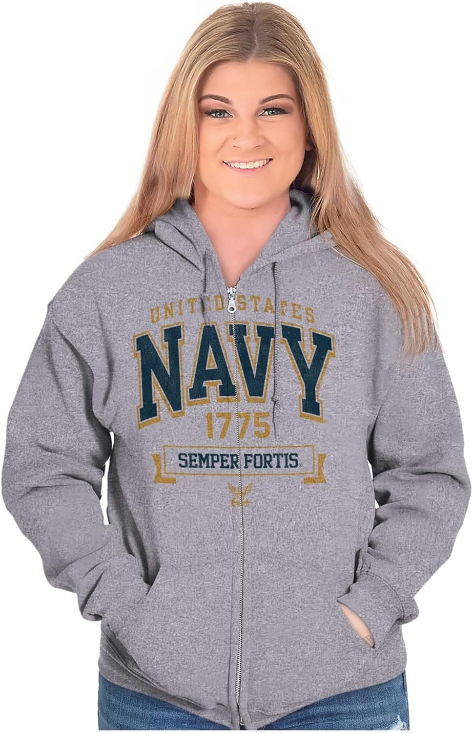image:imageBrisco Brands United States Navy Semper Fortis 1775 Zip Up Hoodie Mens WomensSport Grey