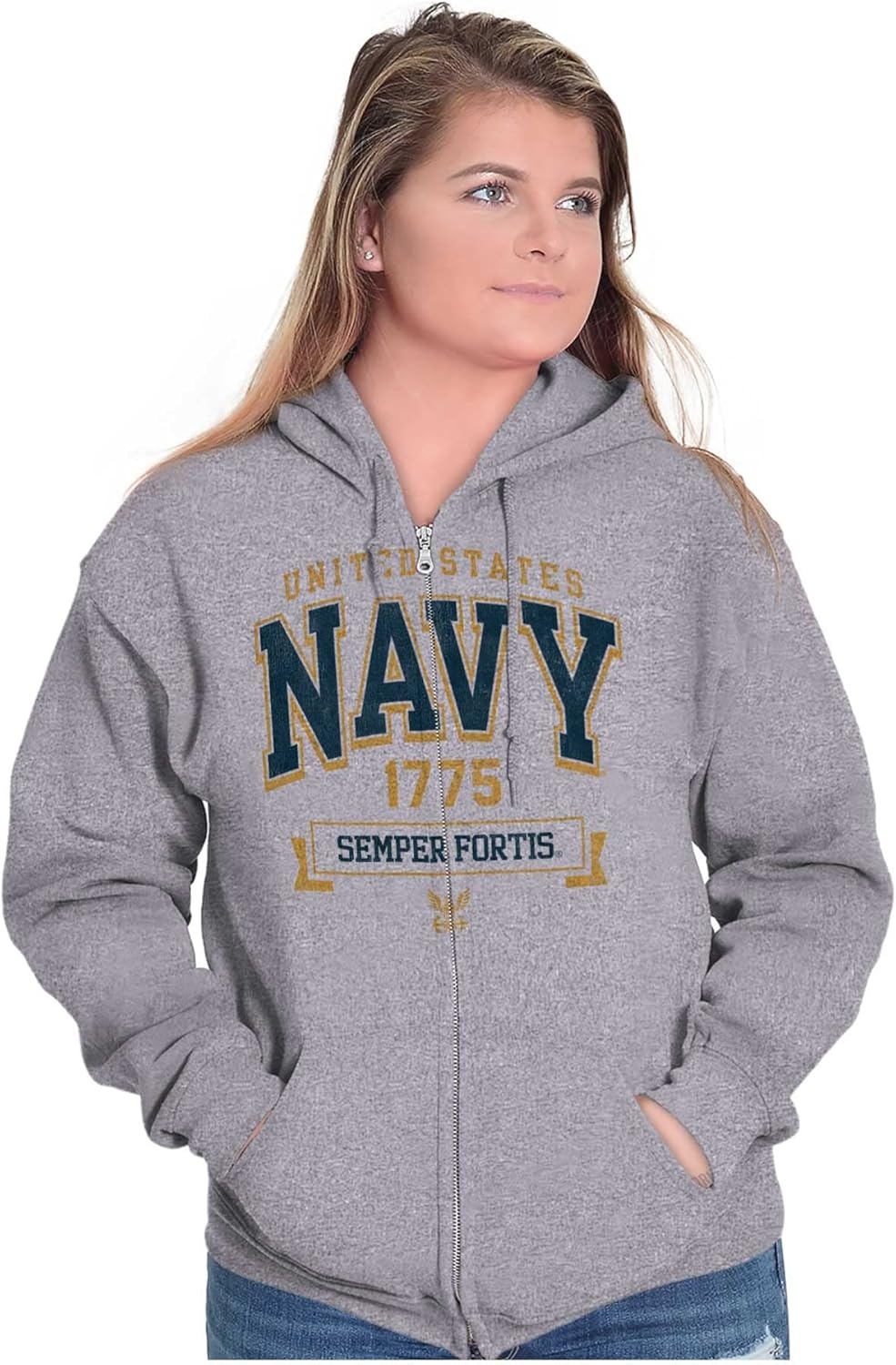 image:imageBrisco Brands United States Navy Semper Fortis 1775 Zip Up Hoodie Mens WomensSport Grey