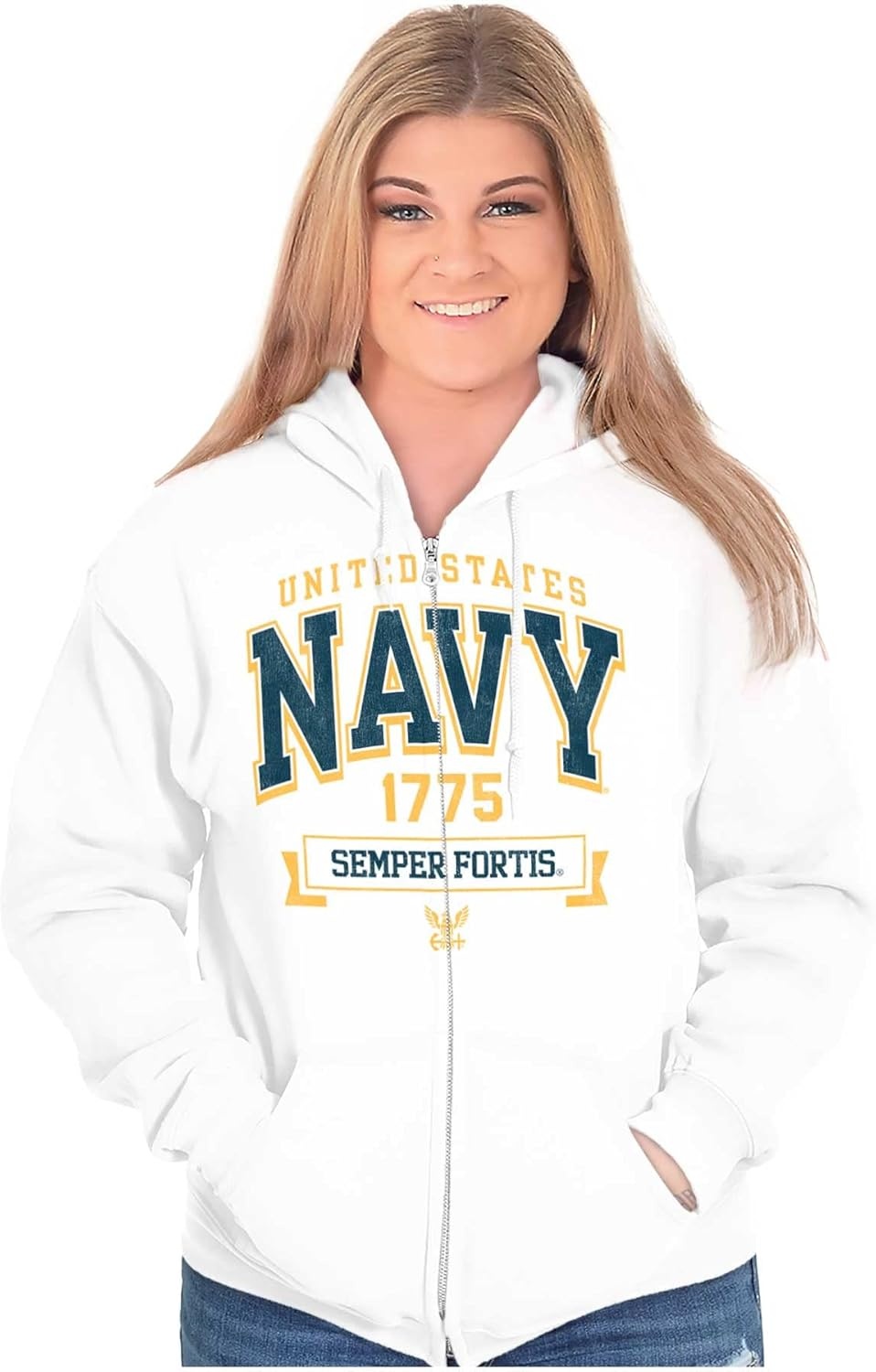 image:imageBrisco Brands United States Navy Semper Fortis 1775 Zip Up Hoodie Mens WomensWhite