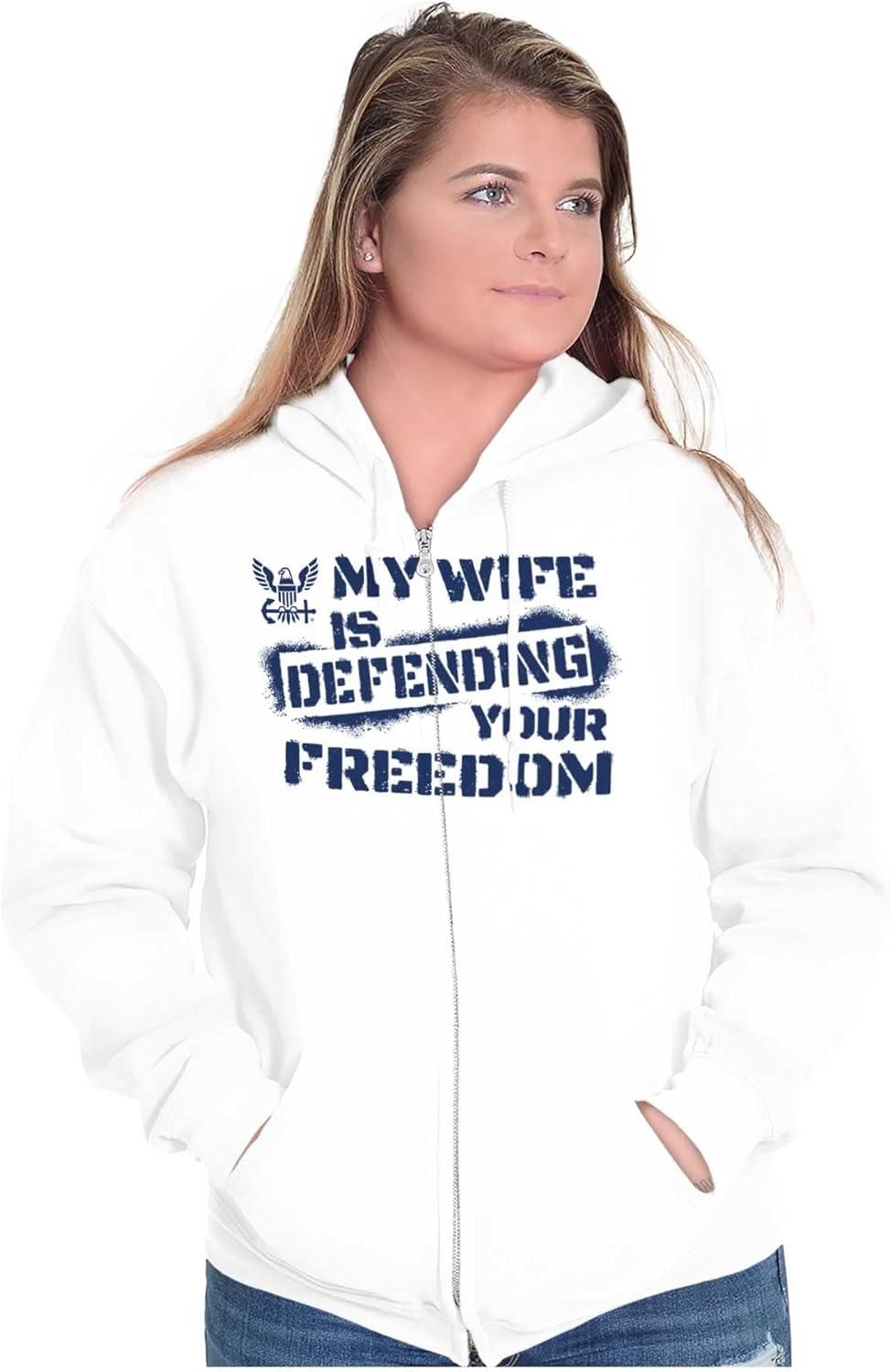 image:imageBrisco Brands United States Navy Wife Freedom Zip Hoodie Sweatshirt MenWhite