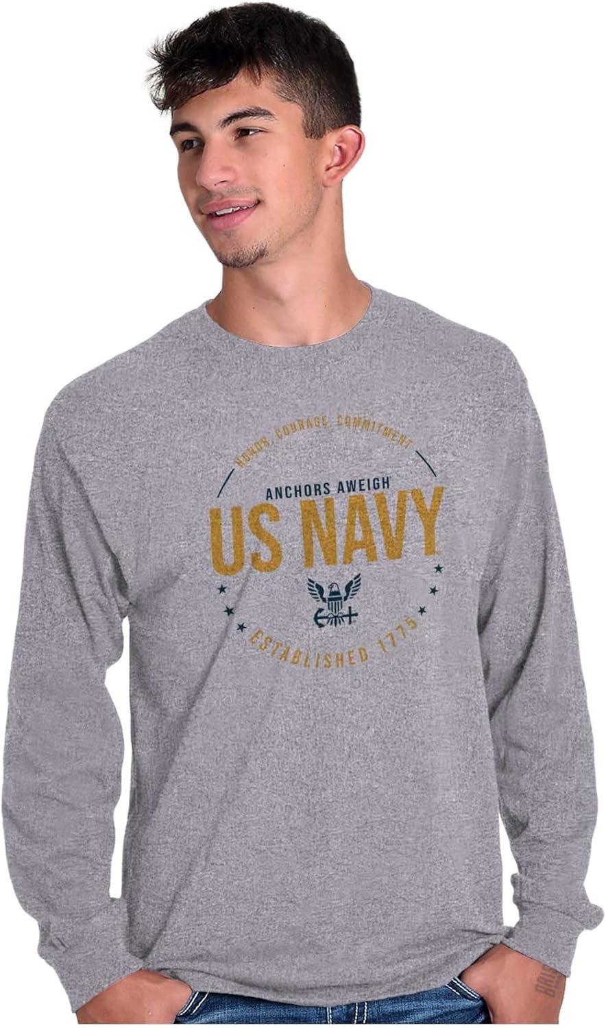 image:imageUS Navy Logo Anchors Aweigh Est 1775 Long Sleeve Tshirt Men WomenSport Grey