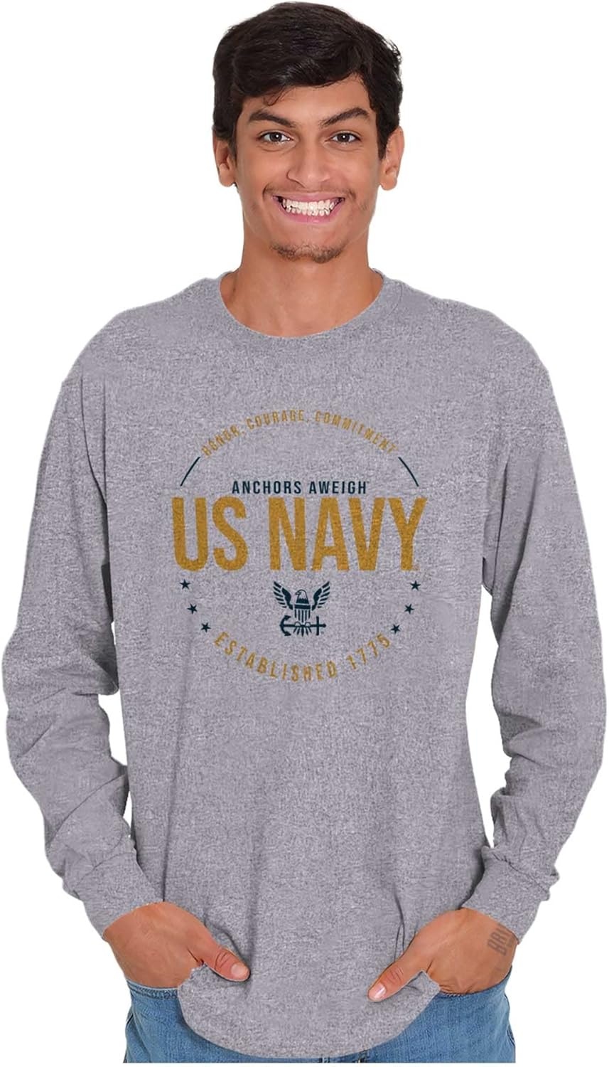 image:imageUS Navy Logo Anchors Aweigh Est 1775 Long Sleeve Tshirt Men WomenSport Grey