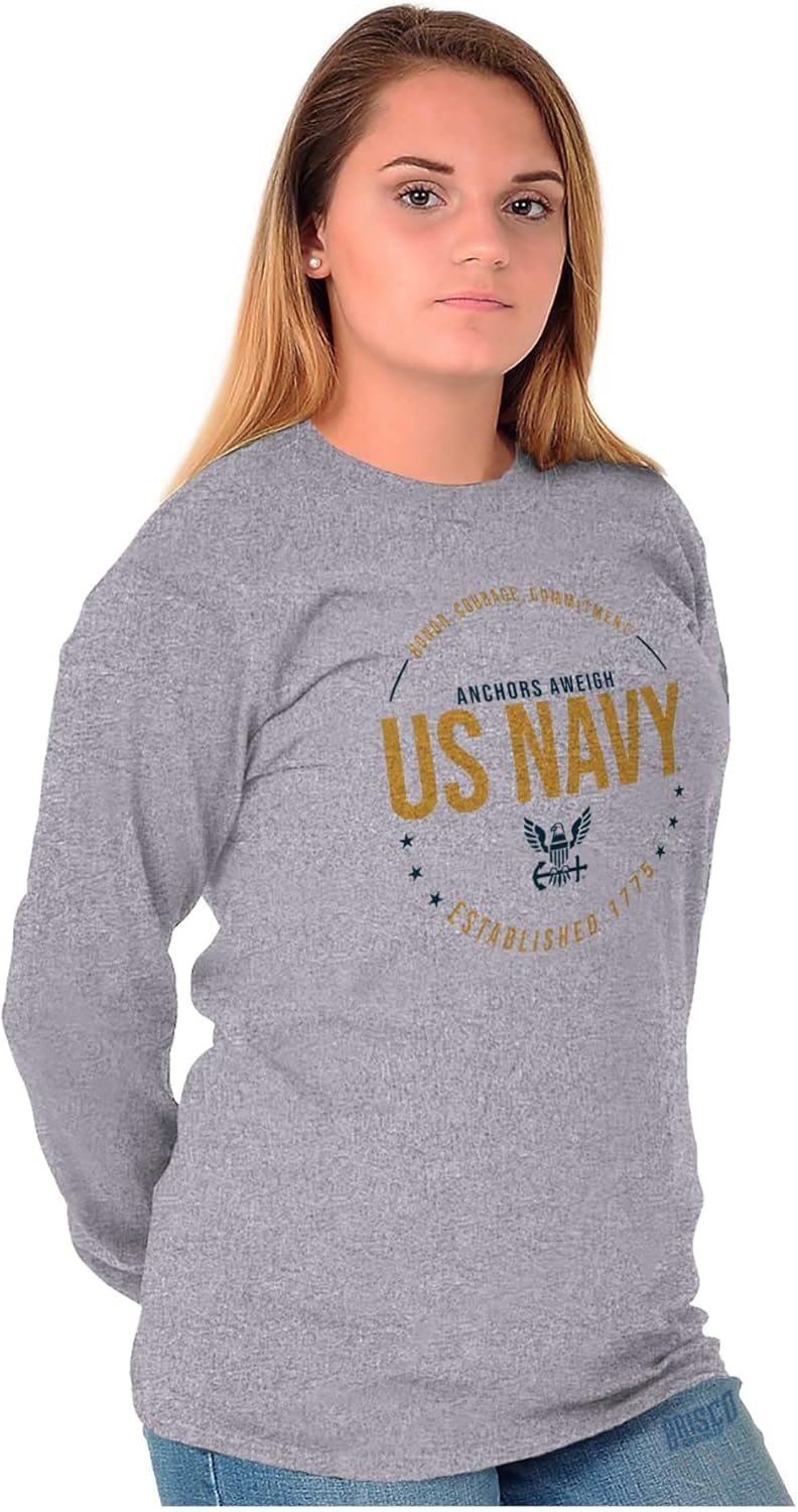image:imageUS Navy Logo Anchors Aweigh Est 1775 Long Sleeve Tshirt Men WomenSport Grey