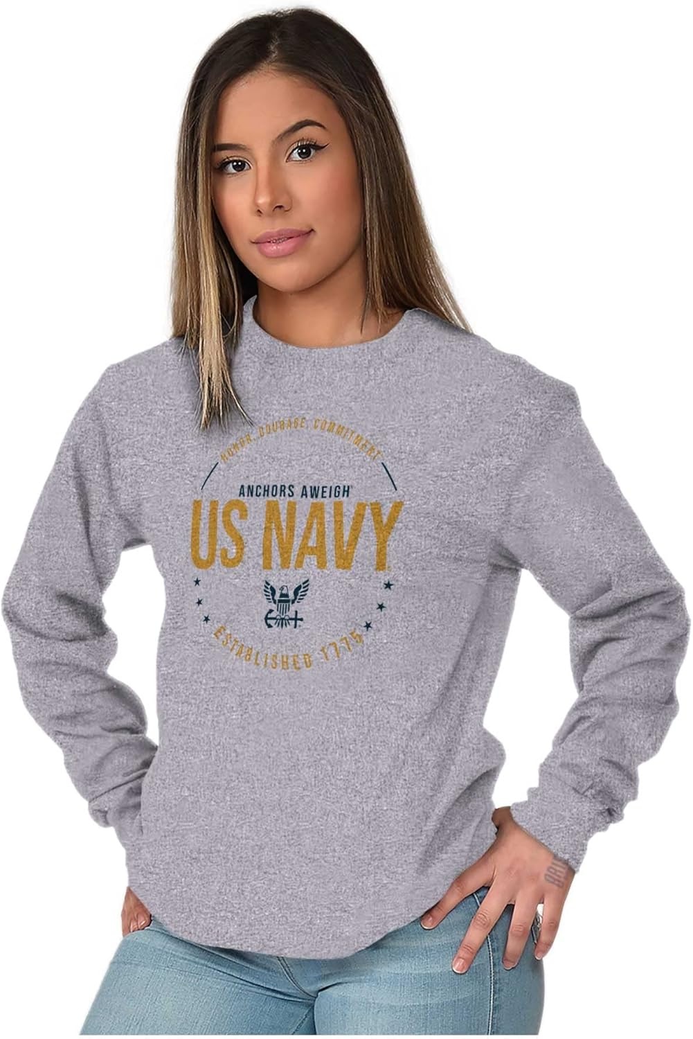 image:imageUS Navy Logo Anchors Aweigh Est 1775 Long Sleeve Tshirt Men WomenSport Grey