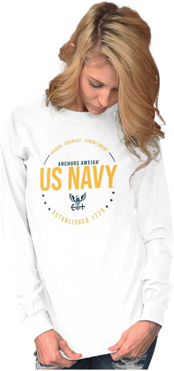 image:imageUS Navy Logo Anchors Aweigh Est 1775 Long Sleeve Tshirt Men WomenWhite