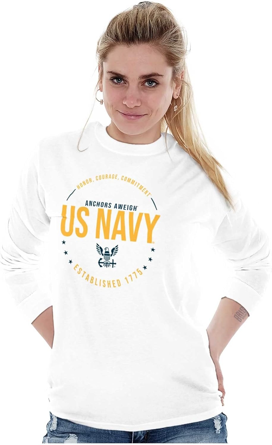 image:imageUS Navy Logo Anchors Aweigh Est 1775 Long Sleeve Tshirt Men WomenWhite