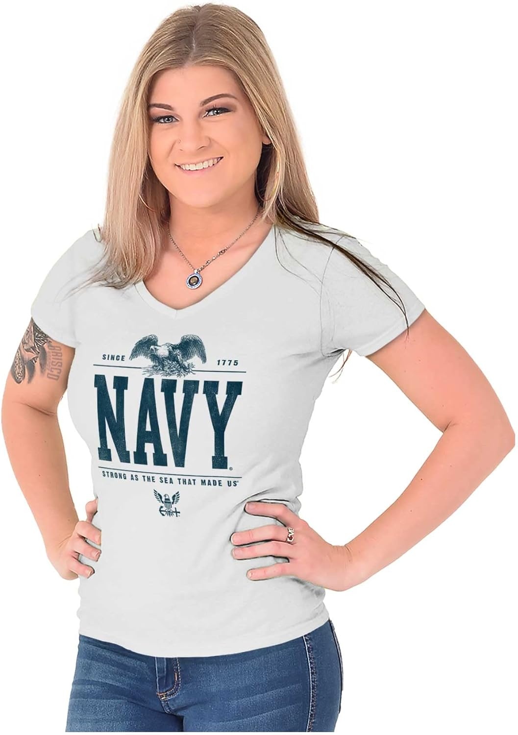 image:imageUS Navy Strong As Sea That Made Us Womens Petite VNeck T Shirt White S