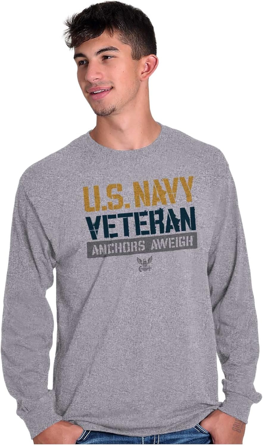 image:imageUS Navy Veteran Anchors Aweigh Long Sleeve Tshirt Men WomenSport Grey