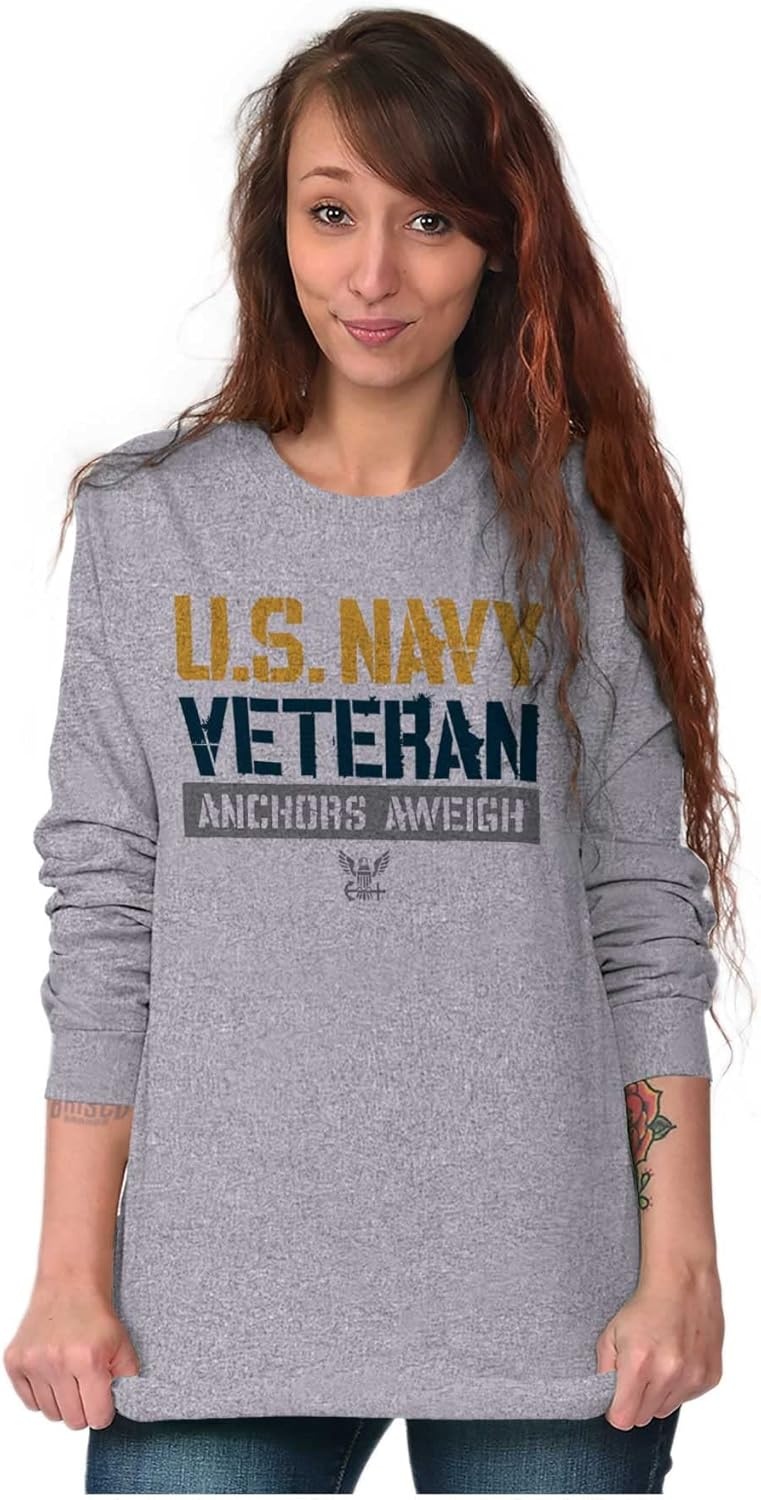 image:imageUS Navy Veteran Anchors Aweigh Long Sleeve Tshirt Men WomenSport Grey