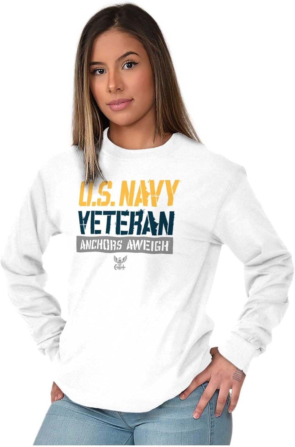 image:imageUS Navy Veteran Anchors Aweigh Long Sleeve Tshirt Men WomenWhite