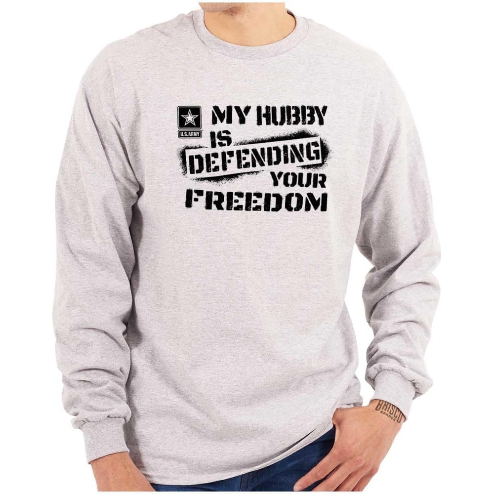 image:imageBrisco Brands US Army My Hubby Defending Freedom Long Sleeve Tshirt Men WomenSport Grey
