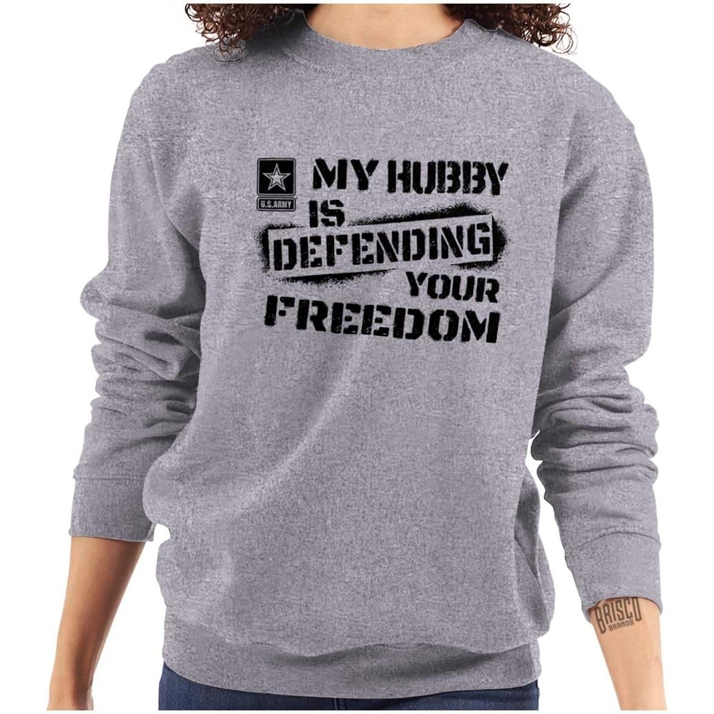 image:imageBrisco Brands US Army My Hubby Defending Freedom Sweatshirt for Men or WomenSport Grey