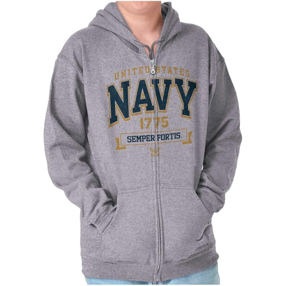image:imageBrisco Brands United States Navy Semper Fortis 1775 Zip Up Hoodie Mens WomensSport Grey
