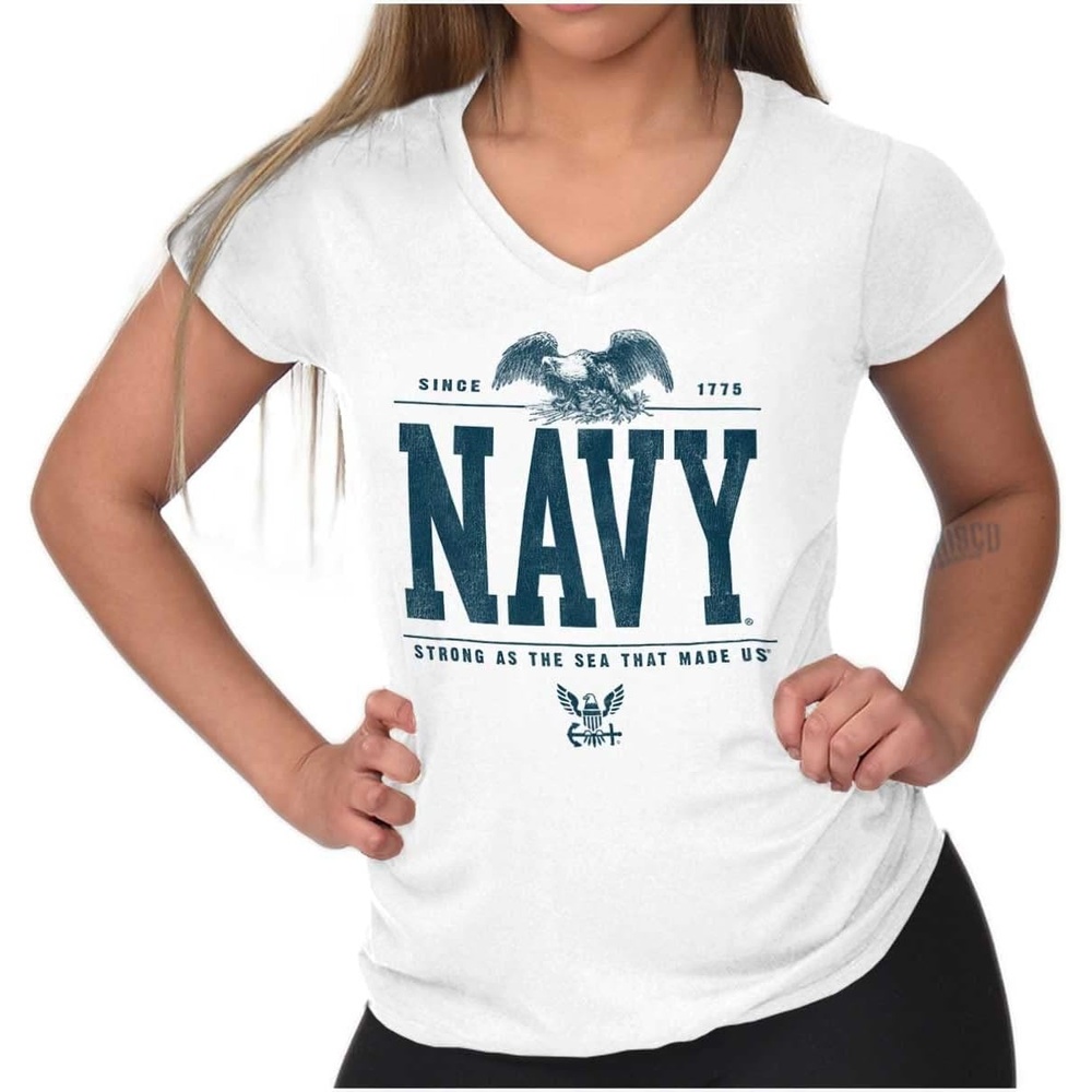 image:imageUS Navy Strong As Sea That Made Us Womens Petite VNeck T Shirt White S