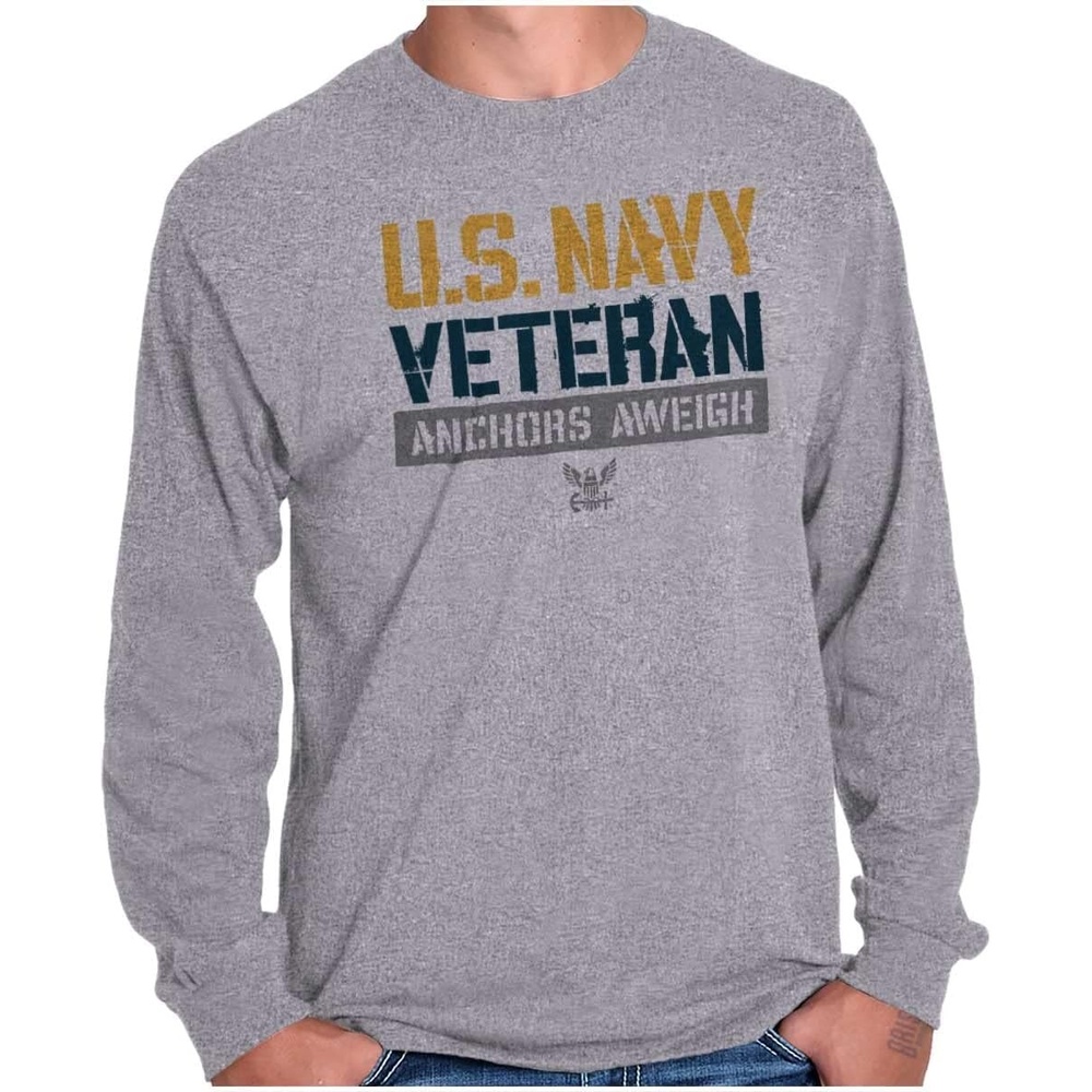image:imageUS Navy Veteran Anchors Aweigh Long Sleeve Tshirt Men WomenSport Grey