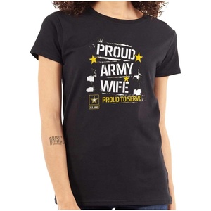 Brisco Brands Military Logo Proud Us Army Wife Womens Slim Fit Graphic Tee(Black)