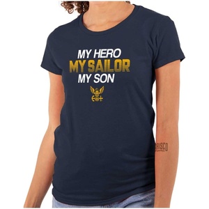 Brisco Brands US Navy Logo My Son Hero Sailor Womens Slim Fit Graphic Tee