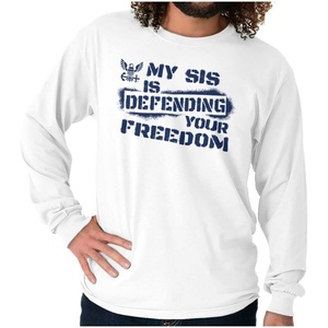 Brisco Brands US Navy Logo Sister Defending Freedom Long Sleeve Tshirt Men Women(White)
