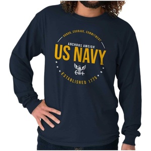 US Navy Logo Anchors Aweigh Est 1775 Long Sleeve Tshirt Men Women(Navy)