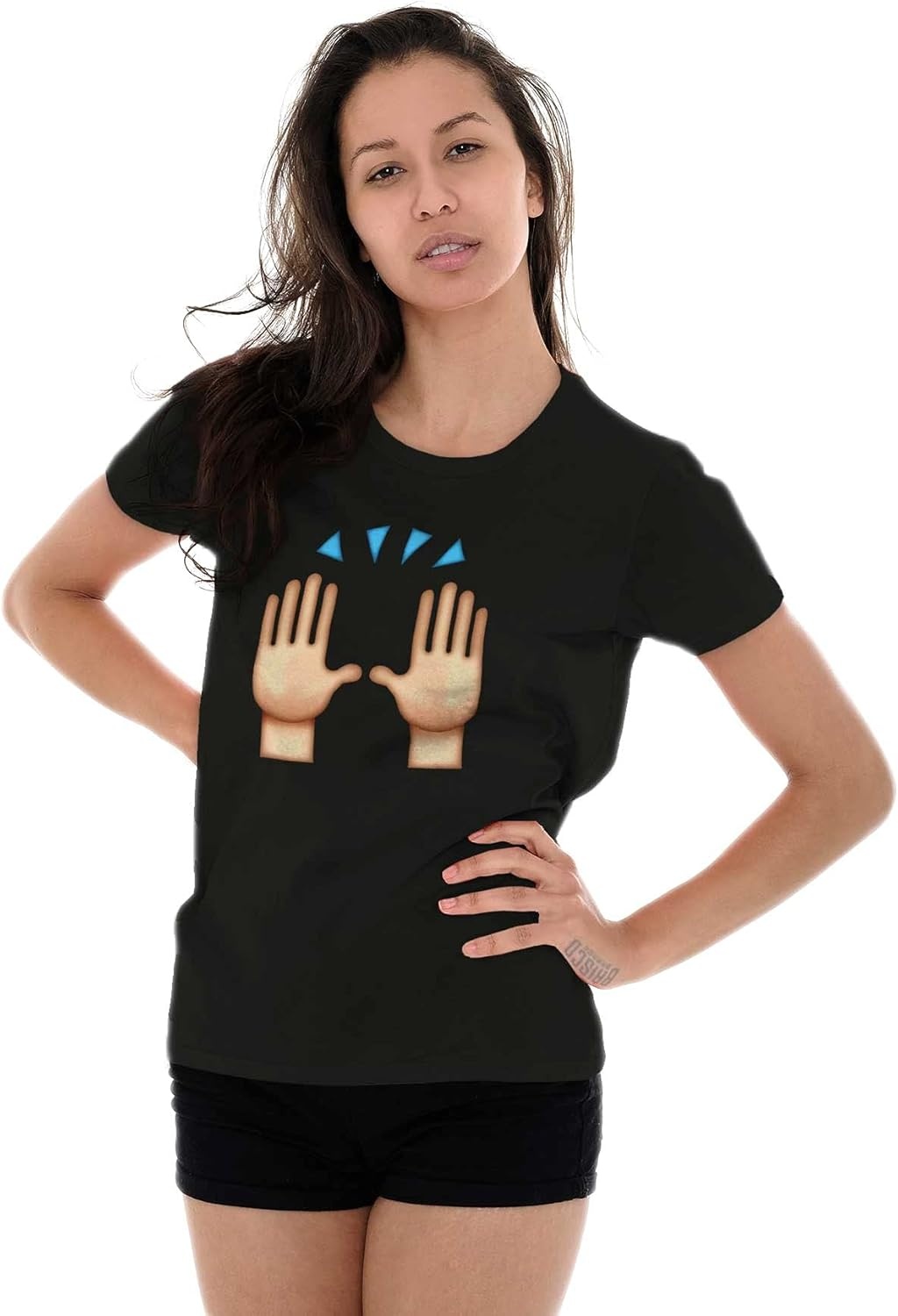image:image100 Points Perfect Score Text Icon Womens Slim Fit Graphic TeeHands Up Emoticon Black