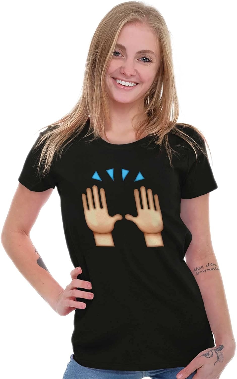image:image100 Points Perfect Score Text Icon Womens Slim Fit Graphic TeeHands Up Emoticon Black