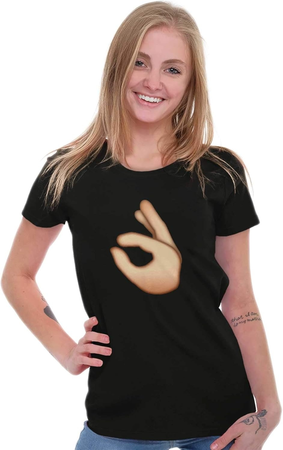 image:image100 Points Perfect Score Text Icon Womens Slim Fit Graphic TeeOk Sign Emoticon Black